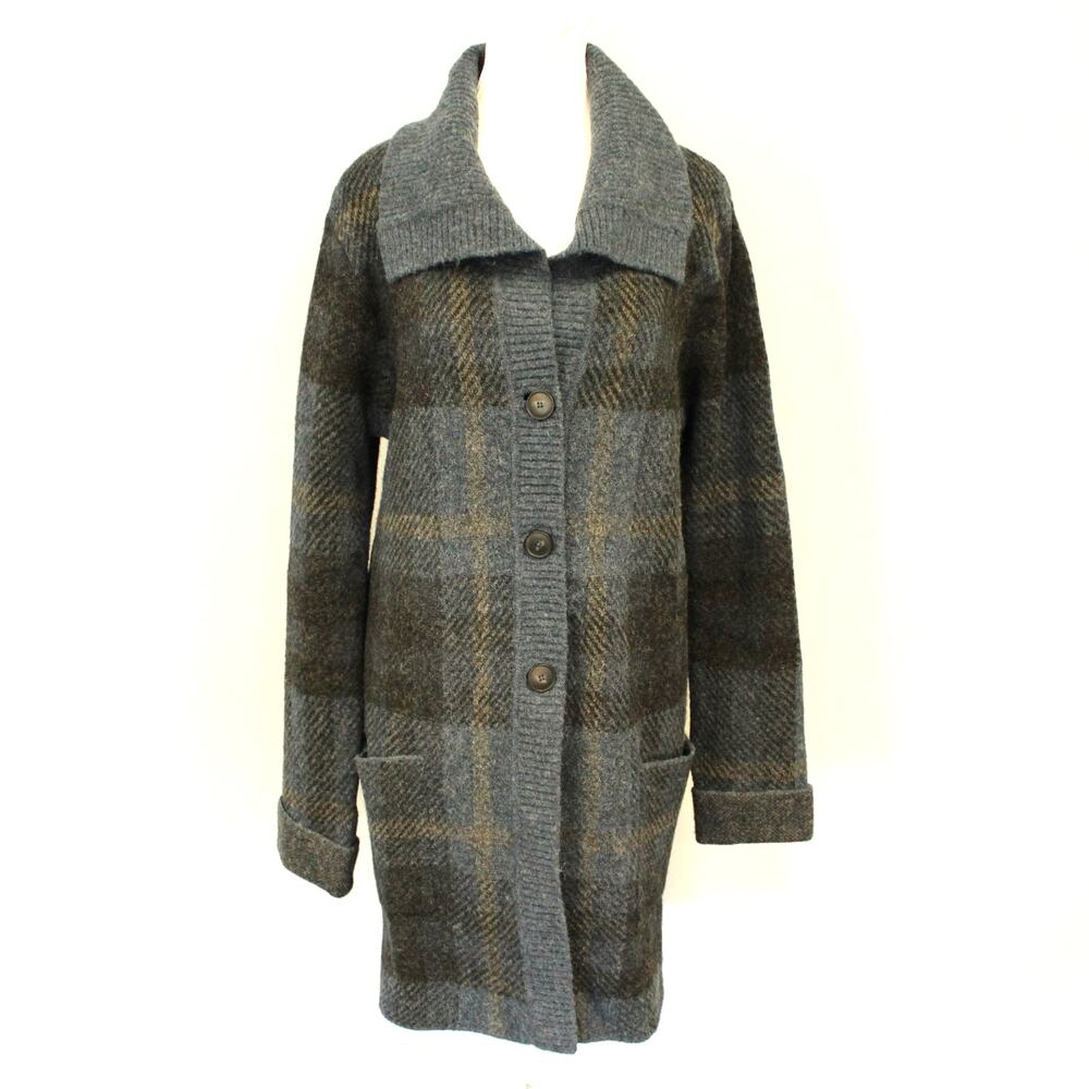 J. Jill Cardigan Sweater Small Women Blue Black Plaid Shawl Collar Wool Blend
